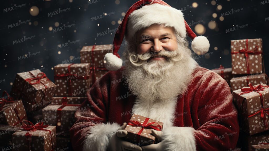 Cheerful Santa Claus with Gifts on Snowy Christmas Night