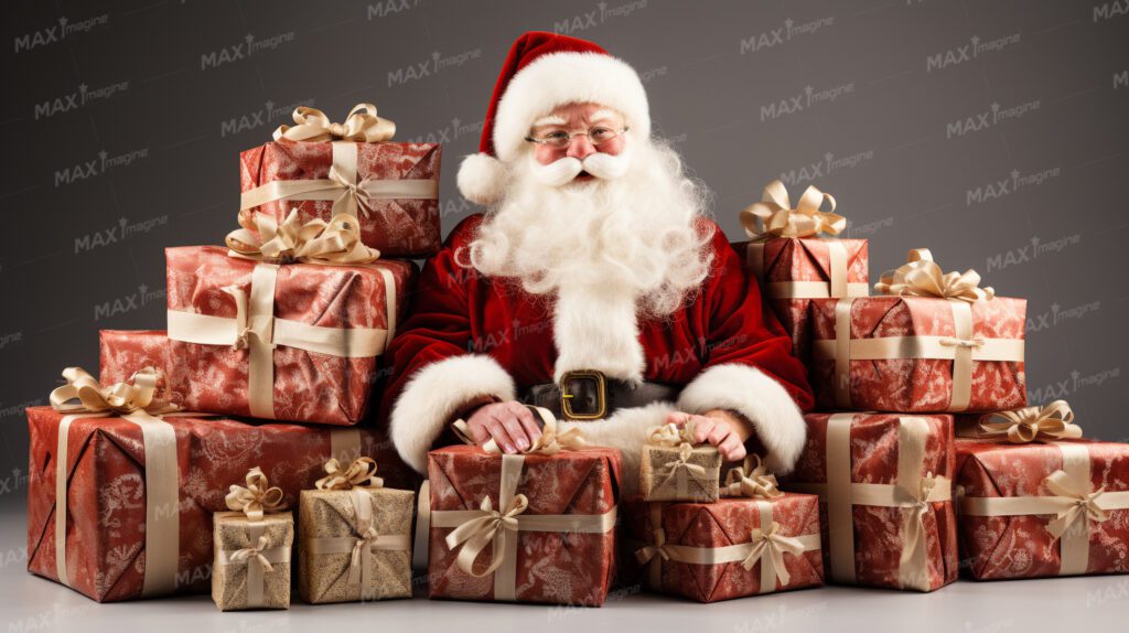 Jolly Santa Claus Sharing Laughter with Piles of Gifts