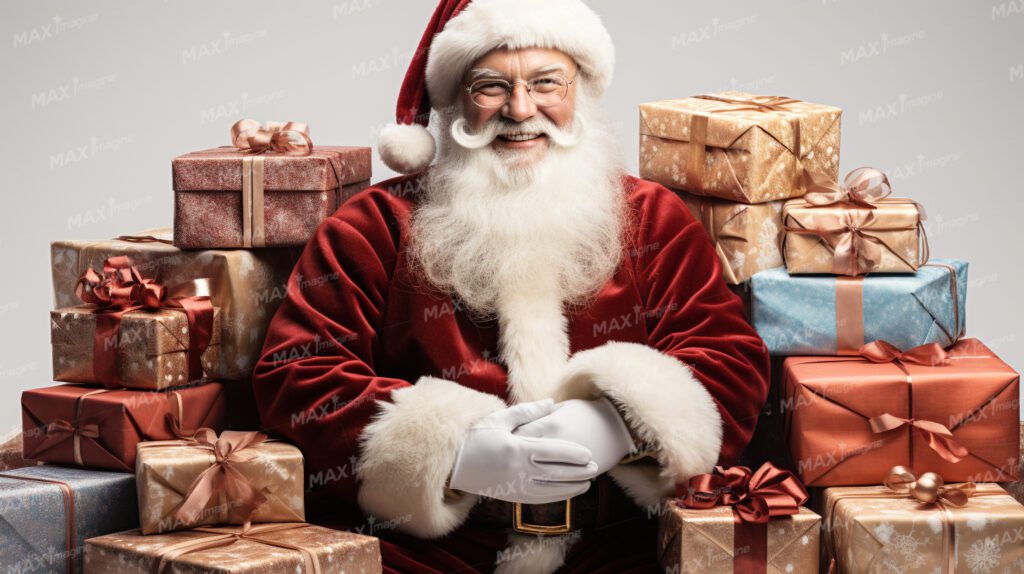 Jolly Santa Claus Sharing Laughter with Piles of Gifts