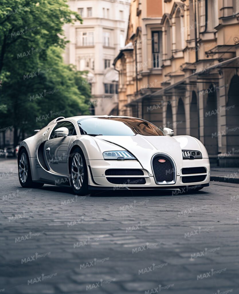 White Bugatti Veyron Supercar Parked in European-Inspired Urban Setting