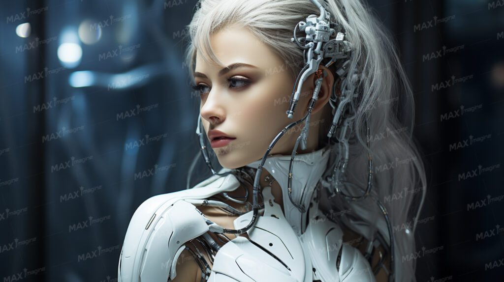 Futuristic AI robot model showcasing the blend of human and technological beauty - high-resolution stock photo.