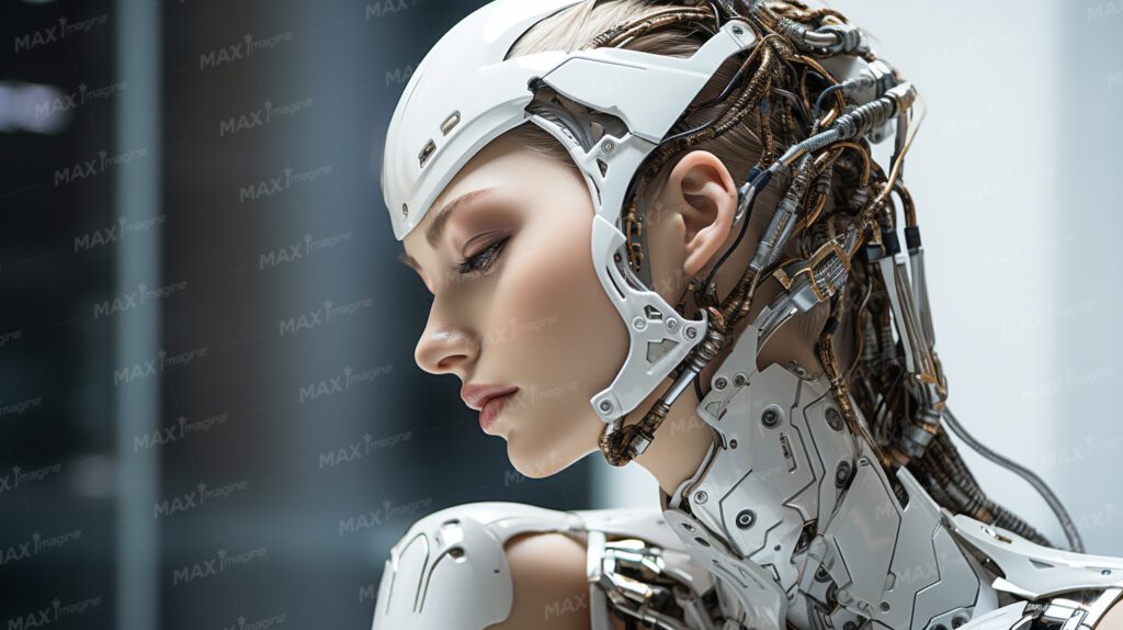 Futuristic Beauty: Stunning AI Model Blending Human Grace and Technological Wonders – High-Res Stock Photo