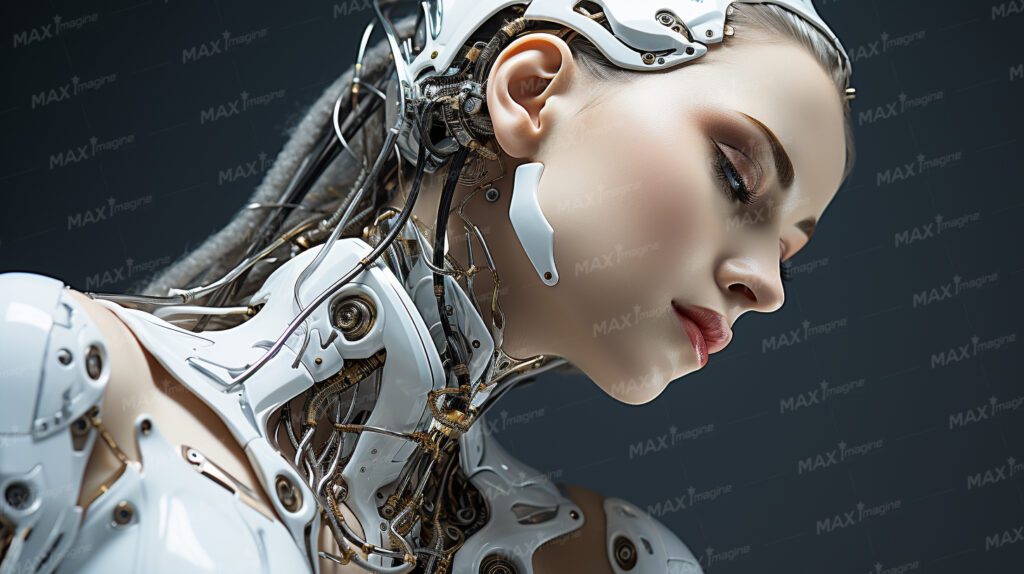Futuristic AI robot model showcasing the blend of human and technological beauty - high-resolution stock photo.