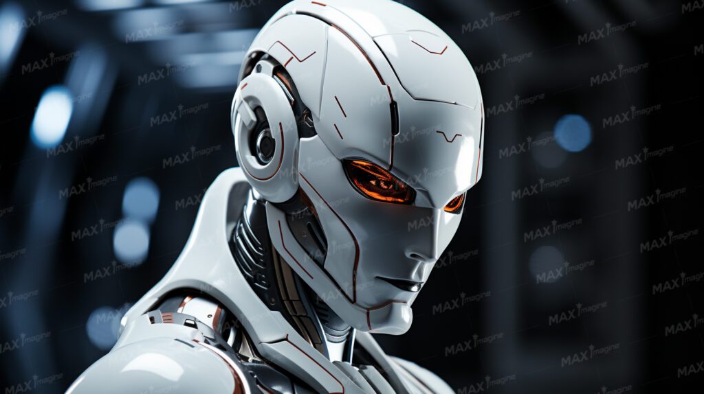 White Metal AI Robot Model with Iron Man Aesthetics in Space