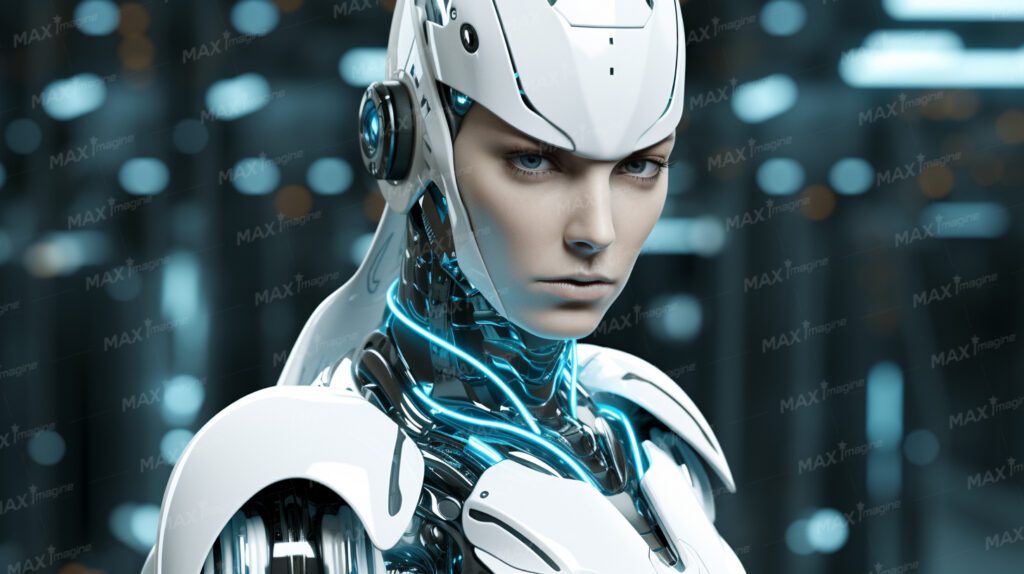 Futuristic white metal male robot with human-like face posing in space base setting - high-resolution stock photo.