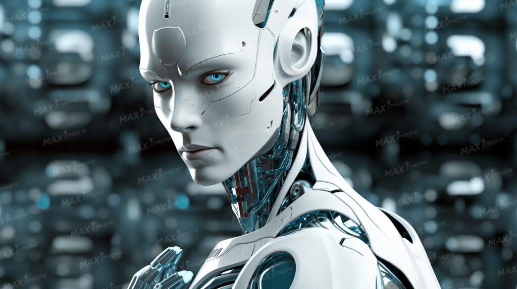 Futuristic white metal female robot with human-like face posing in space base setting - high-resolution stock photo.