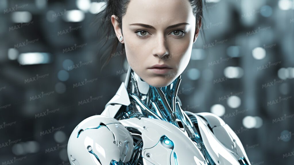 Futuristic Female Model Robot with Human-like Face in Space