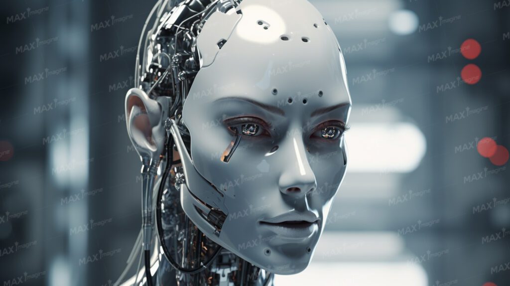 Advanced silver-metal female model robot with humanoid face posing in space base setting - high-resolution stock photo.