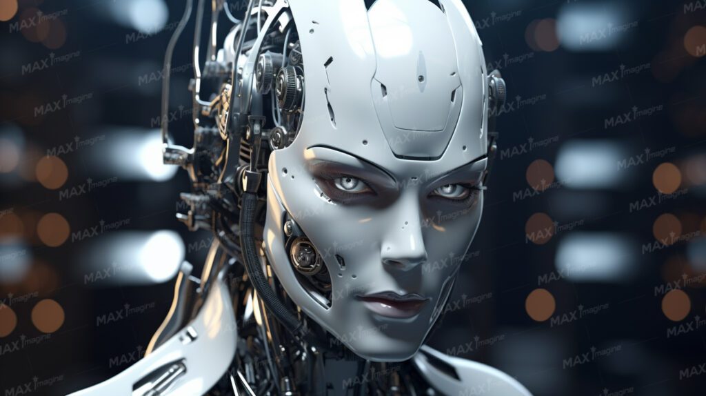Futuristic Female Model Robot with Silver-Metal Body in Space