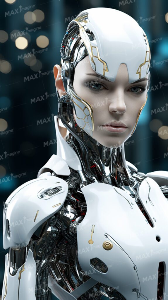 Contemplative Female Model Robot in White and Complex Silver Design
