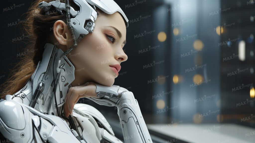 Captivating Female AI Robot: Beauty and Complexity in Silver and White