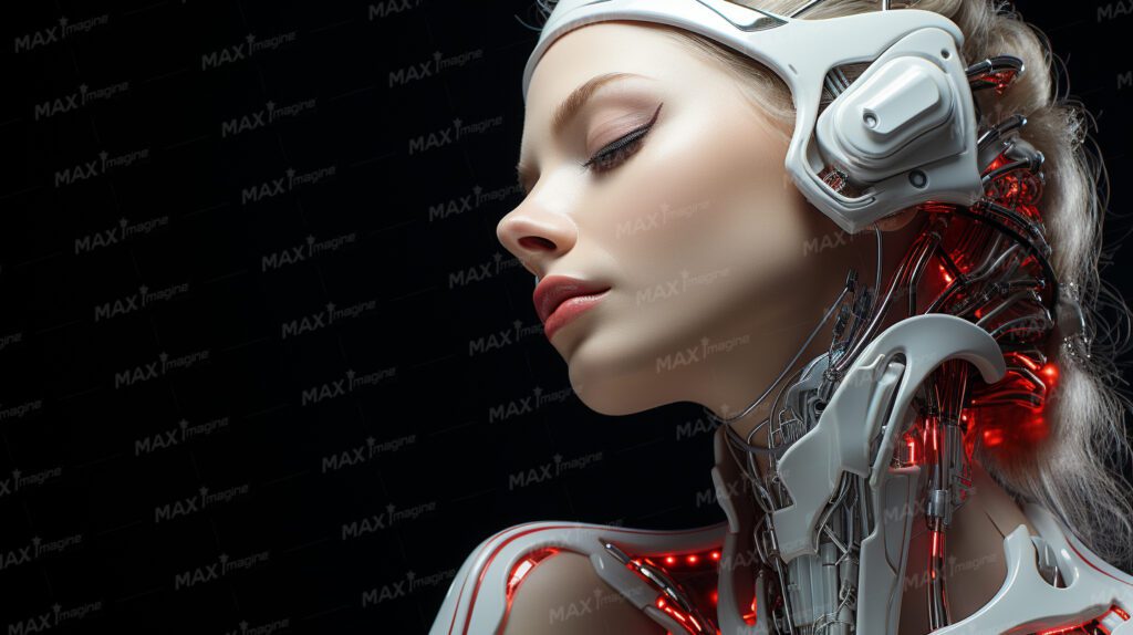 Elegant Female Model Robot in White and Intricate Silver Design