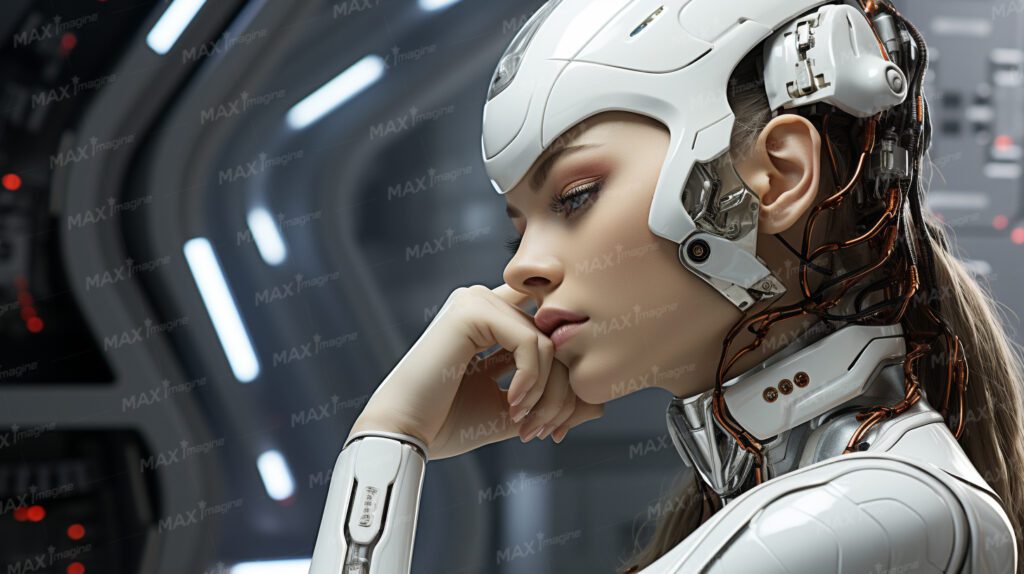Captivating Female AI Robot: Beauty and Complexity in Silver and White