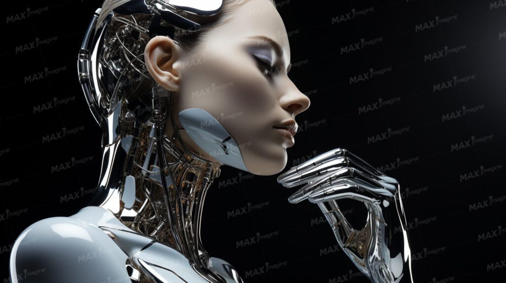 Futuristic female model robot with striking beauty, lifelike human-like face, in white and intricate silver design, in contemplative pose against black backdrop - high-resolution stock photo.