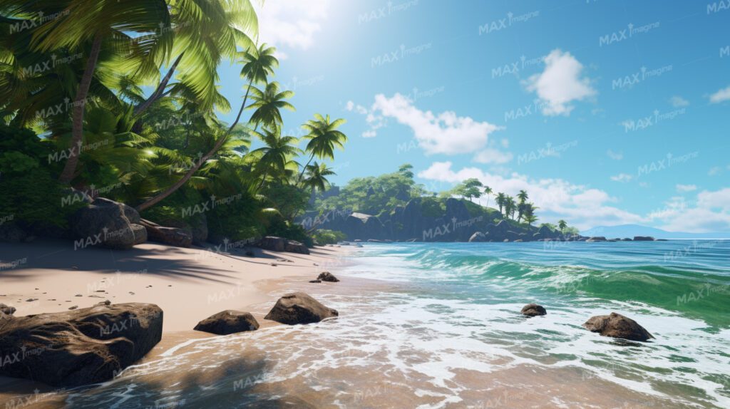 Tropical Paradise: Pristine Beach with Palm Trees and Crashing Waves