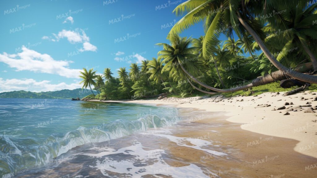 A sun-soaked tropical beach with palm trees, crashing waves, and clear blue skies, the perfect seaside paradise.