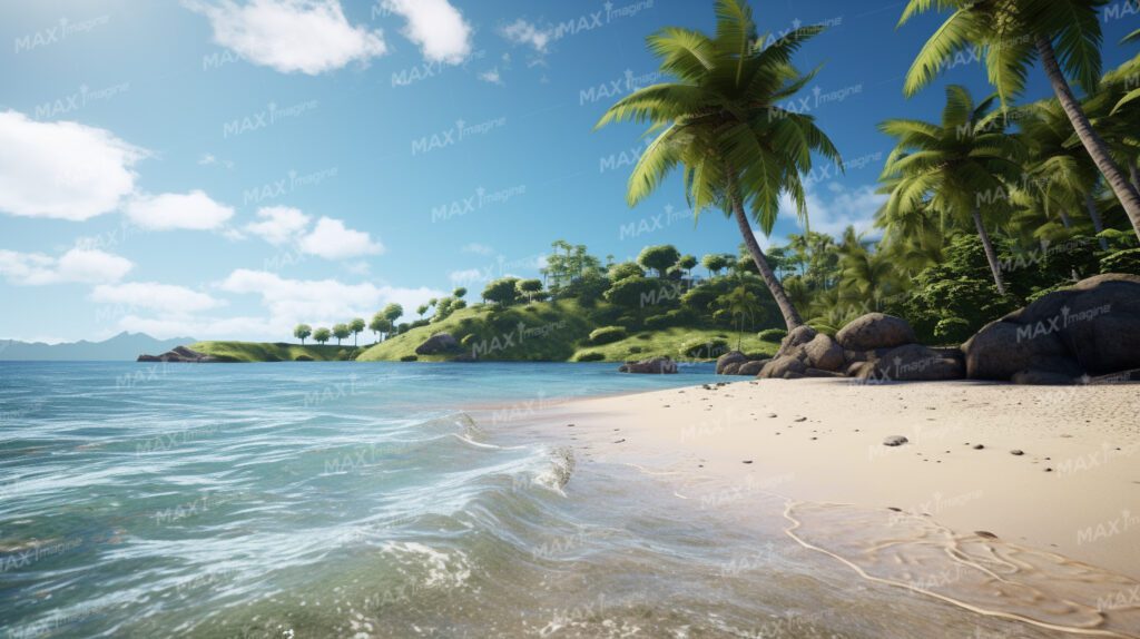 Tropical Paradise: Pristine Beach with Palm Trees and Crashing Waves