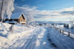 A serene winter landscape with snow-covered hills, frozen river, and rural cottages in a Norwegian countryside setting.