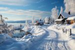 A serene winter landscape with snow-covered hills, frozen river, and rural cottages in a Norwegian countryside setting.