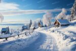 A serene winter landscape with snow-covered hills, frozen river, and rural cottages in a Norwegian countryside setting.