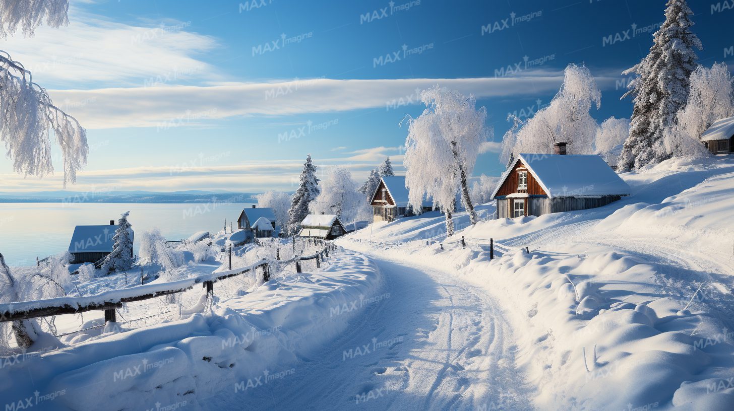 A serene winter landscape with snow-covered hills, frozen river, and rural cottages in a Norwegian countryside setting.