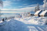 A serene winter landscape with snow-covered hills, frozen river, and rural cottages in a Norwegian countryside setting.